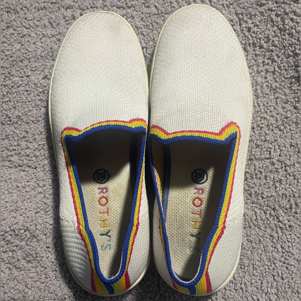 Rothy's Women’s White Slip-On Shoes with Rainbow Trim